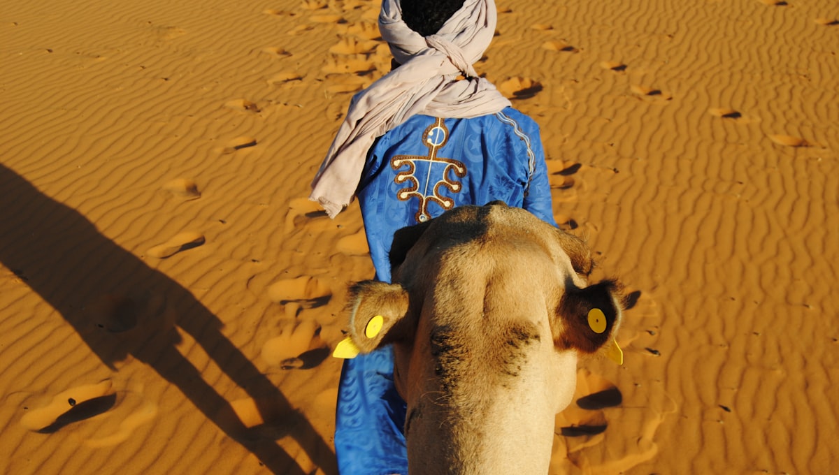a man in a blue robe walking a camel in the desert