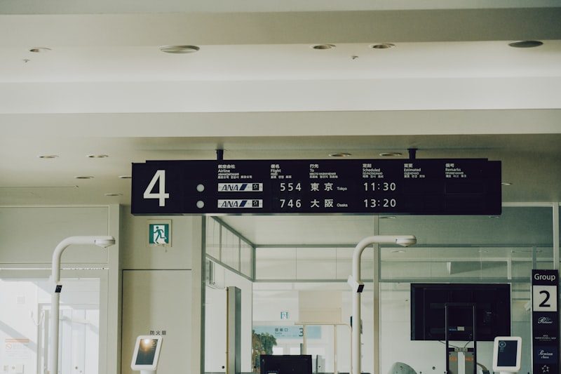Airport departure board with flight information